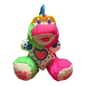 Fisher Price Puffalump Baby Dinosaur Teether Neon Pink Green White 90's Vintage